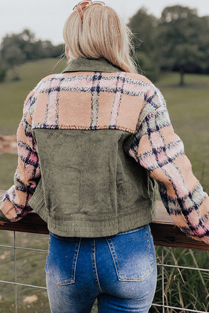 Green Plaid Corduroy Flap Pockets Boxy Chunky Jacket