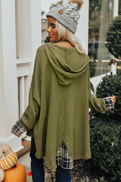 Green Waffle Knit and Flannel Henley Oversized Hoodie