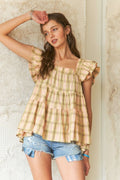 ADORA Ruffled Square Neck Cap Sleeve Babydoll Blouse