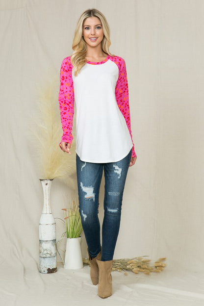 Plus Solid Leopard Contrast Long Sleeve Top