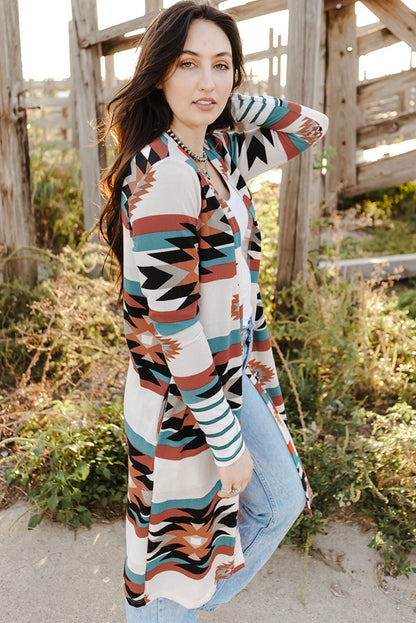 Multicolor Striped Cuffs Aztec Print Color Block Long Cardigan