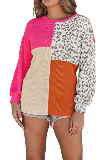 Cheetah Print Color Block Casual Pullover Long Sleeve Top