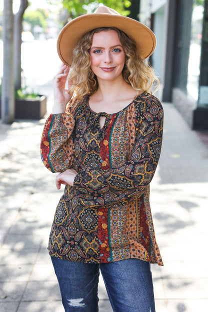 Weekend Ready Black & Rust Paisley Raglan Keyhole Tie Top