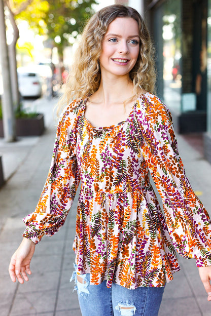 Fall in Love Taupe & Rust Floral Print Babydoll Bubble Sleeve Top