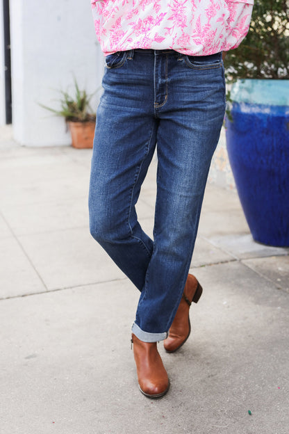 Judy Blue Mid Rise Cuffed Boyfriend Straight Leg Jeans