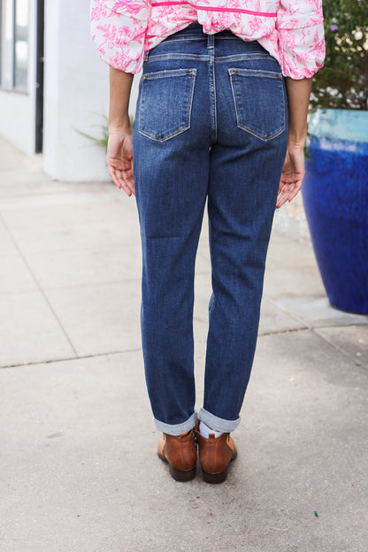 Judy Blue Mid Rise Cuffed Boyfriend Straight Leg Jeans