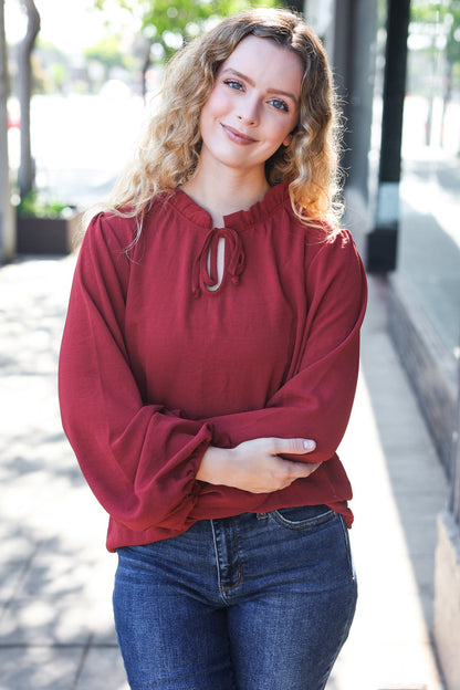 Feeling Femme Off Burgundy Frilled Edge V Neck Tie Top