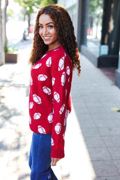 Game Day Red Football Print Jacquard Knit Sweater