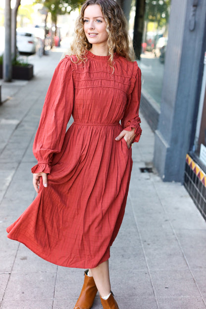 Love Found Rust Mock Neck Embossed Lined Dress