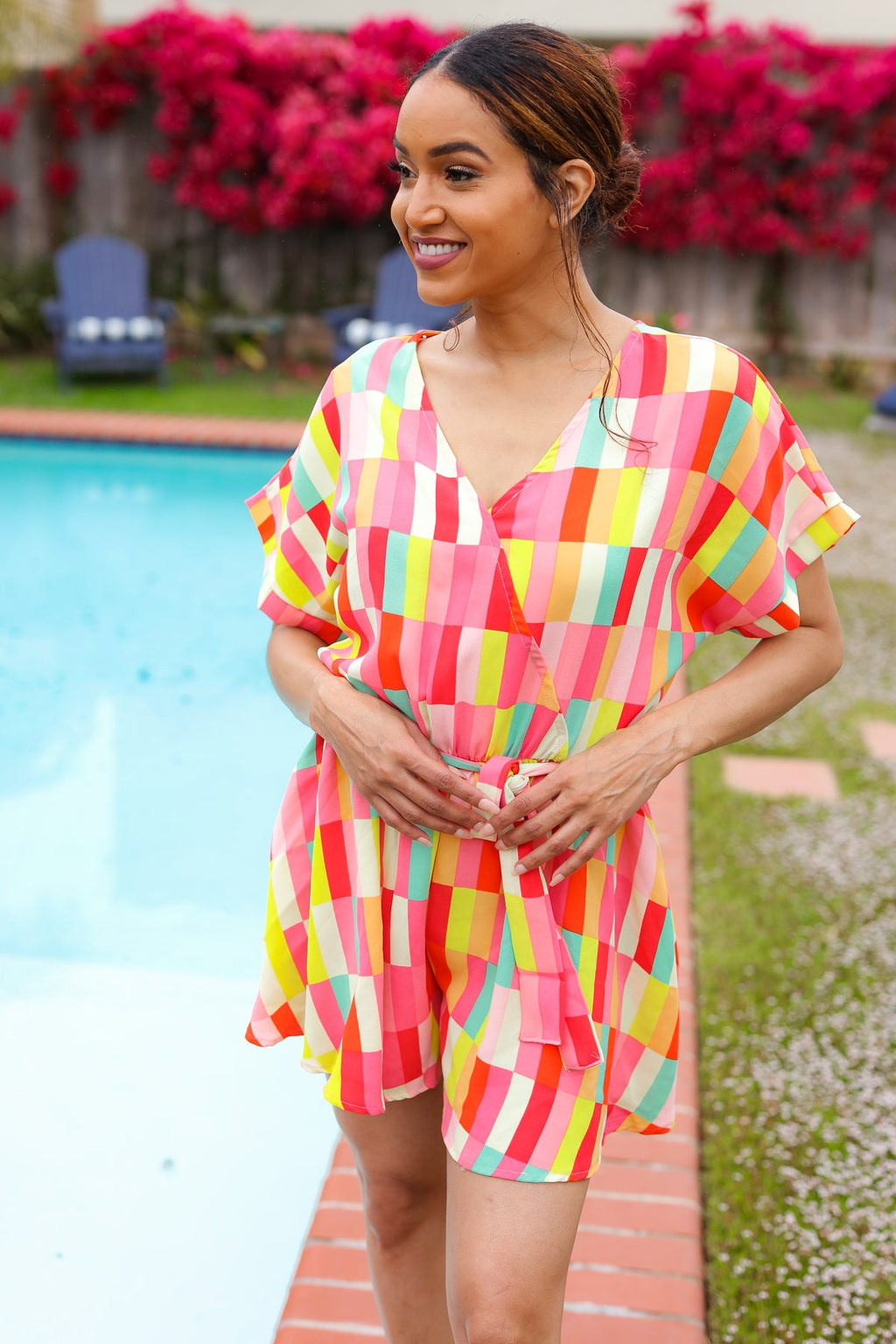 Eyes On You Coral Geo Abstract Surplice Woven Romper