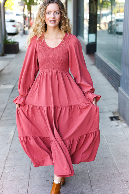 Beautiful You Lock Eyes Marsala Smocked Ruffle Sleeve Maxi Dress