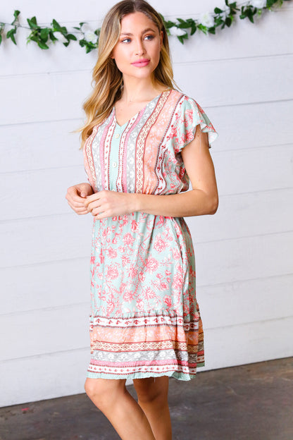 Sage Boho Floral Button Detail V Neck Ruffle Dress