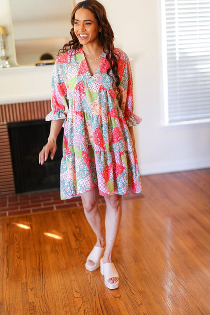 Look Of Love Lime & Coral Patchwork Print V Neck Dress