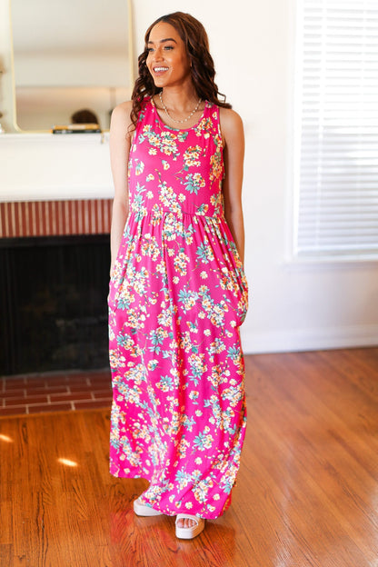 Pink Floral Print Fit and Flare Sleeveless Maxi Dress