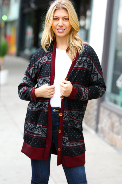 Classic Burgundy Holiday Print Button Cardigan