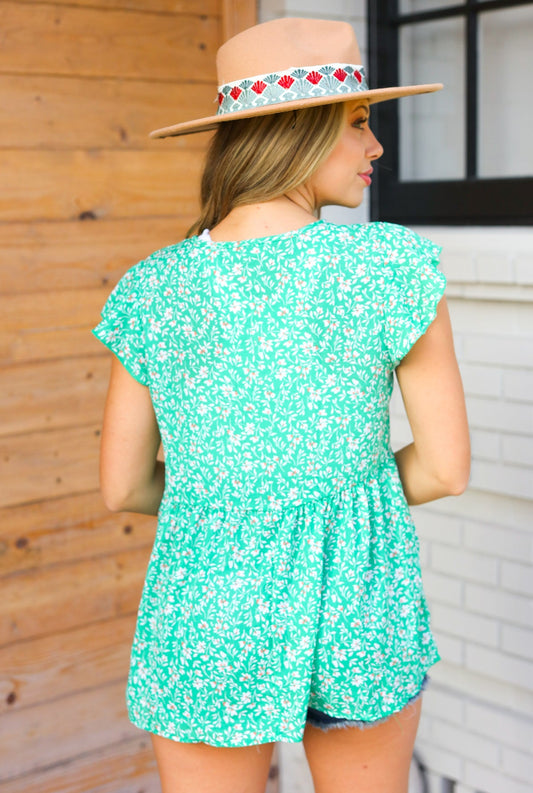 Green Floral Button Tie Neck Babydoll Top