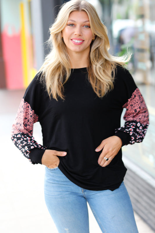 Black & Mauve Floral Drop Shoulder Top