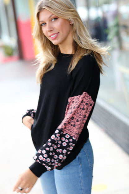 Black & Mauve Floral Drop Shoulder Top