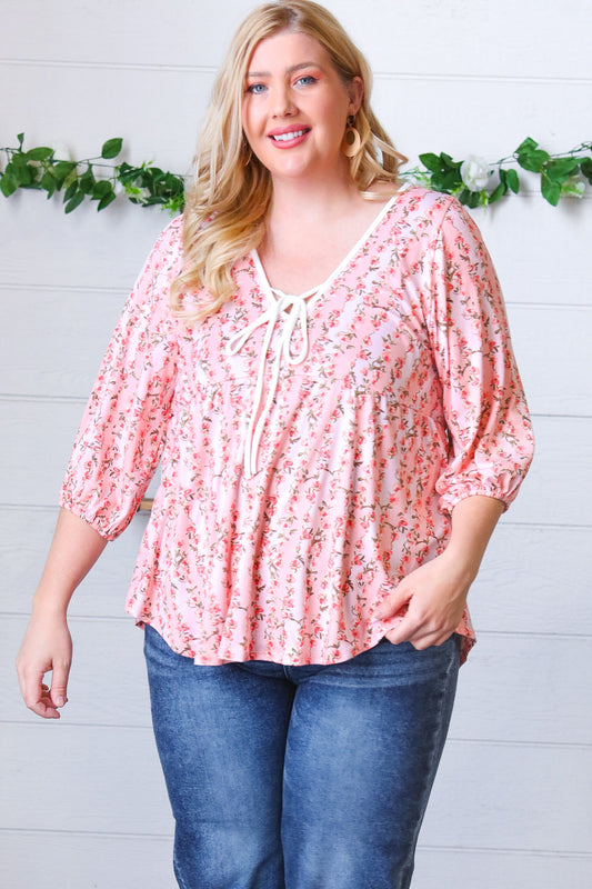 Pink Floral Stripe V Tie Neck Knit Top