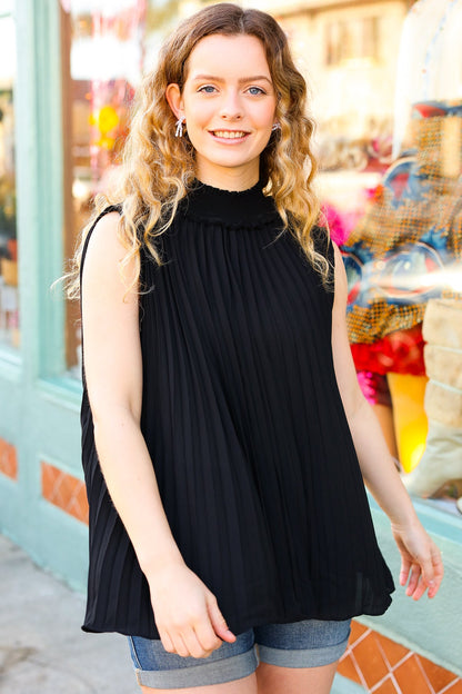 Sweet New Days Black Smocked Neck Pleated Sleeveless Top