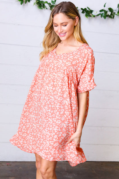 Peach Ditzy Floral Woven Dolman V Neck Dress