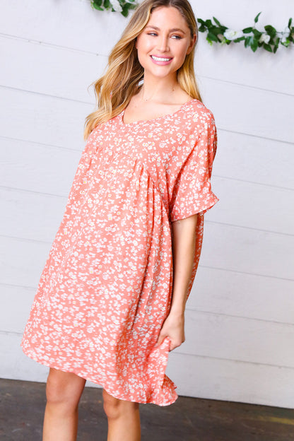 Peach Ditzy Floral Woven Dolman V Neck Dress