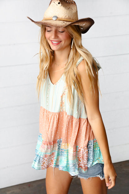 Sage Boho Tiered Shoulder Tie Bow Woven Top