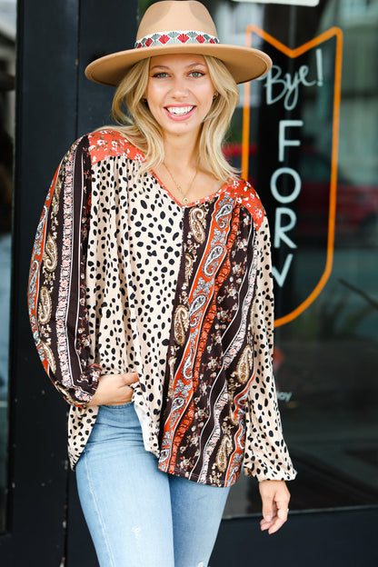 Taupe Paisley Animal Print V Neck Bubble Sleeve Top