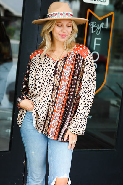 Taupe Paisley Animal Print V Neck Bubble Sleeve Top