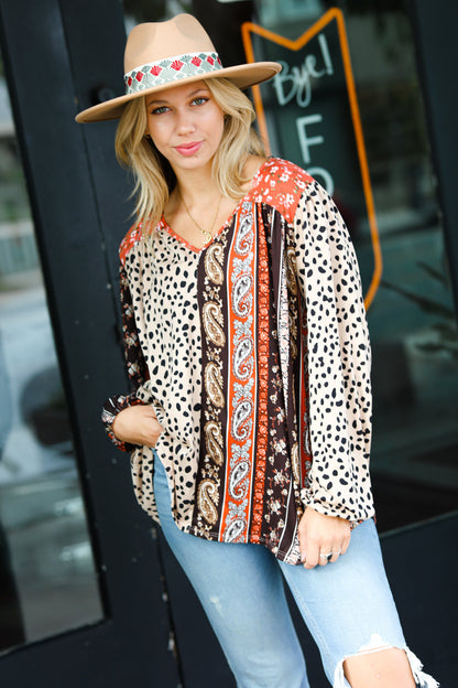 Taupe Paisley Animal Print V Neck Bubble Sleeve Top