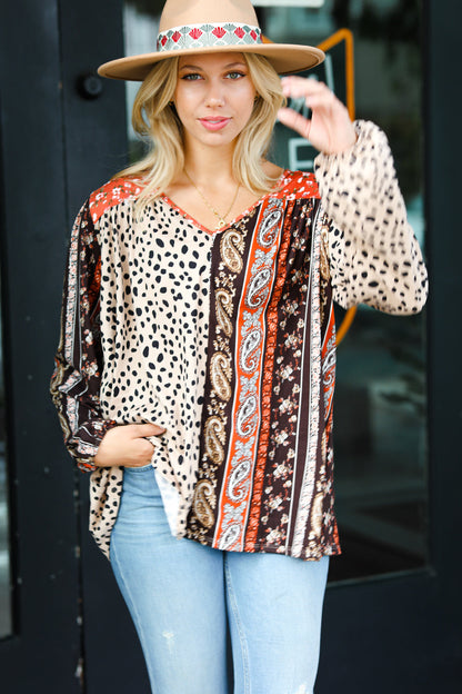 Taupe Paisley Animal Print V Neck Bubble Sleeve Top