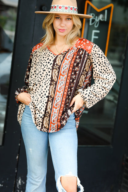 Taupe Paisley Animal Print V Neck Bubble Sleeve Top