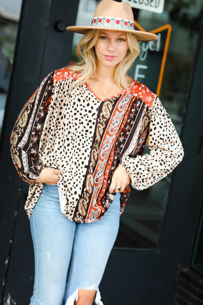 Taupe Paisley Animal Print V Neck Bubble Sleeve Top