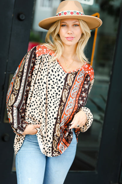 Taupe Paisley Animal Print V Neck Bubble Sleeve Top