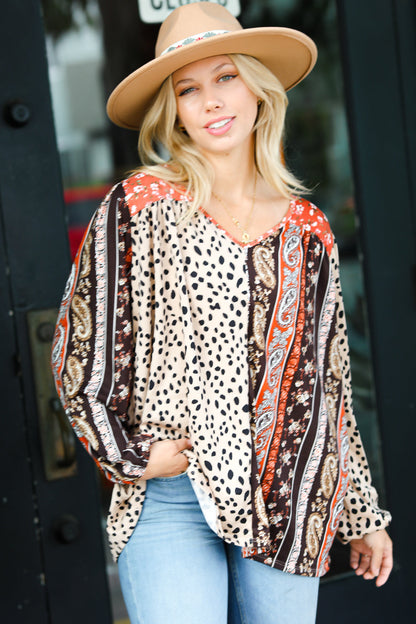 Taupe Paisley Animal Print V Neck Bubble Sleeve Top