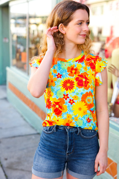 Yellow & Red Floral Flutter Sleeve Top