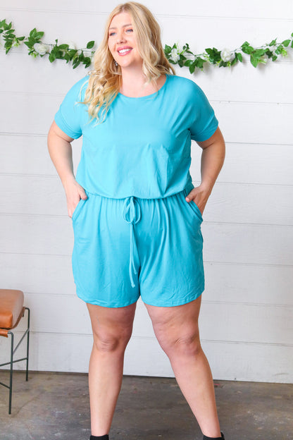 Ice Blue Brushed Knit Elastic Waist Pocketed Romper