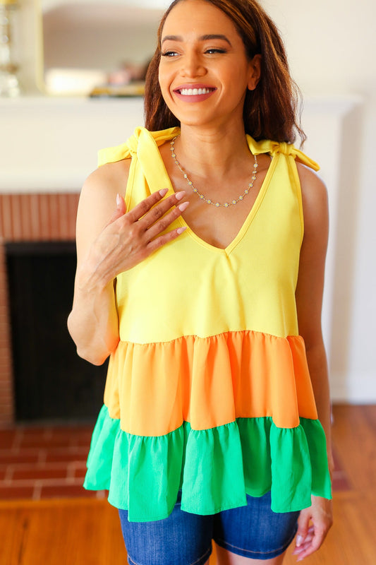 Yellow & Tangerine Tiered Shoulder Tie Crepe Top