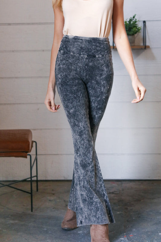 Charcoal Cotton Acid Wash Raw Edge Flared Leggings