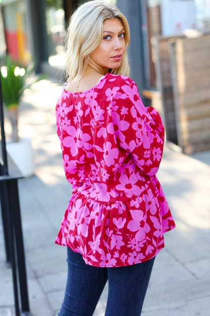 Red & Magenta Floral V Neck Woven Babydoll Top