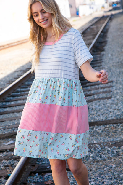 Floral and Stripe Color Block Fit and Flare Rib Dress