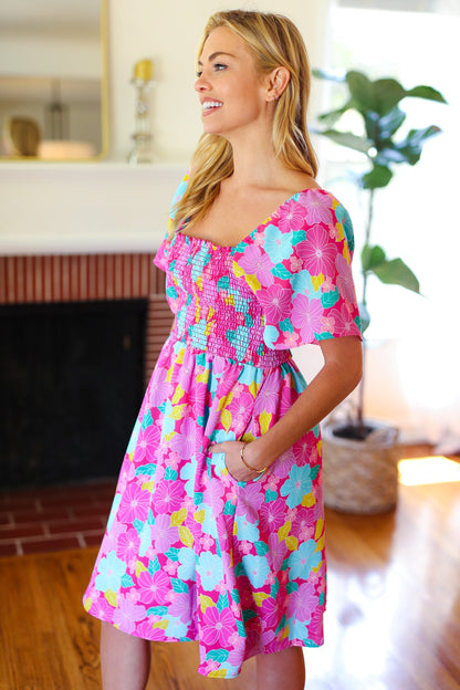 Vacay Vibes Fuchsia Floral Print Fit & Flare Smocked Dress