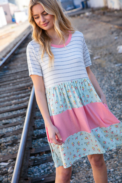 Floral and Stripe Color Block Fit and Flare Rib Dress