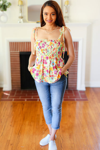 Sunny Days Yellow Floral Smocked Shoulder Tie Top