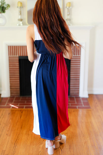 Patriotic Color Block Fit & Flare Maxi Dress