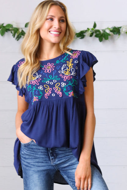 Navy Floral Embroidered Flutter Sleeve Top