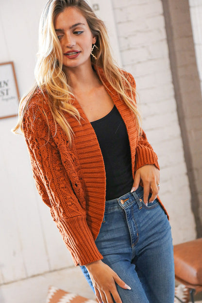 Rust Textured Wool Cable Bolero Open Cardigan