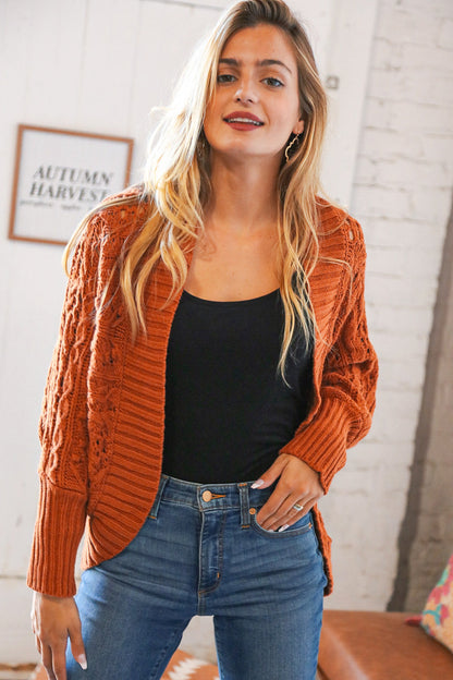 Rust Textured Wool Cable Bolero Open Cardigan