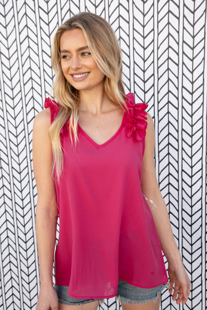 Fuchsia Frill Shoulder Sleeveless Crepe Woven Top