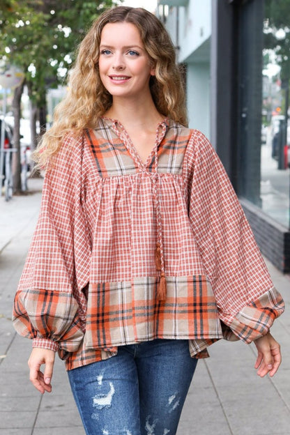 Under Your Spell Rust Plaid Color Block Notch Neck Top